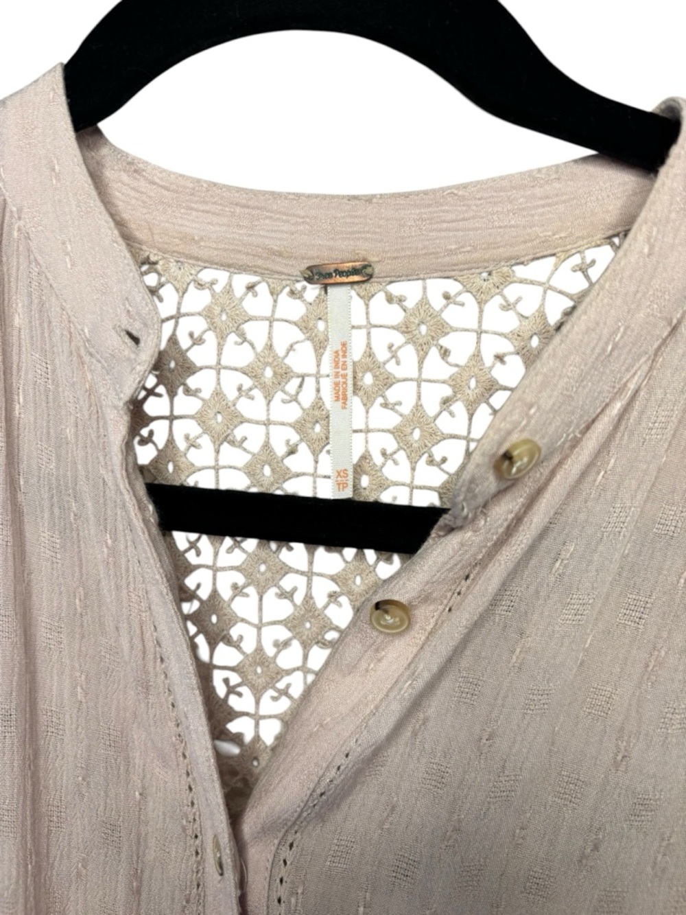Free People Lace Back Boho Blouse XS Cream Button Front Sheer Long Sleeve - Picture 6 of 9